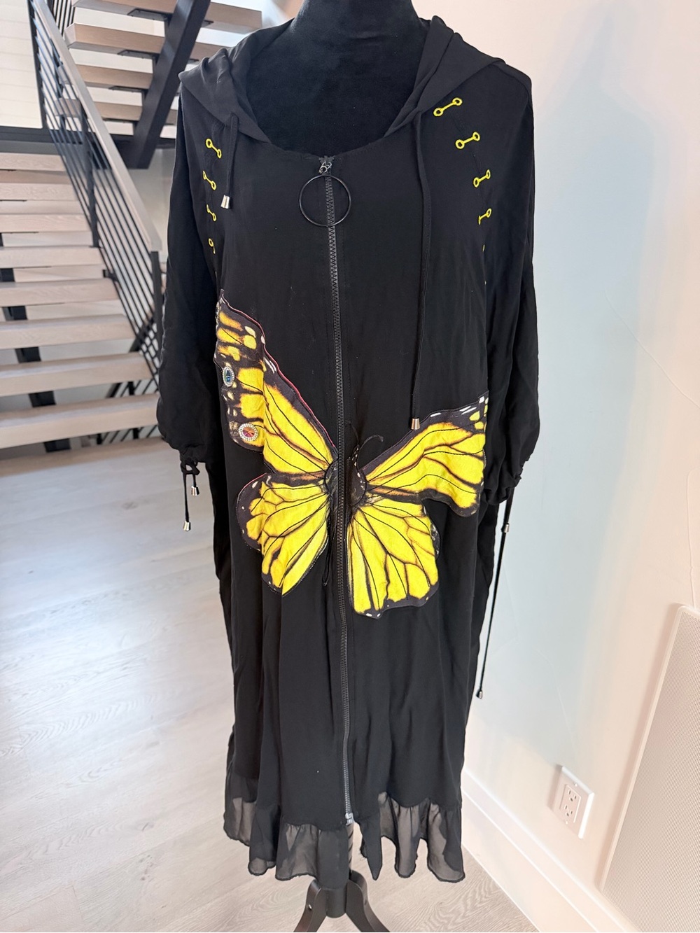 Black Hooded Zip-Front Dress with Yellow Butterfly size 3X/4X